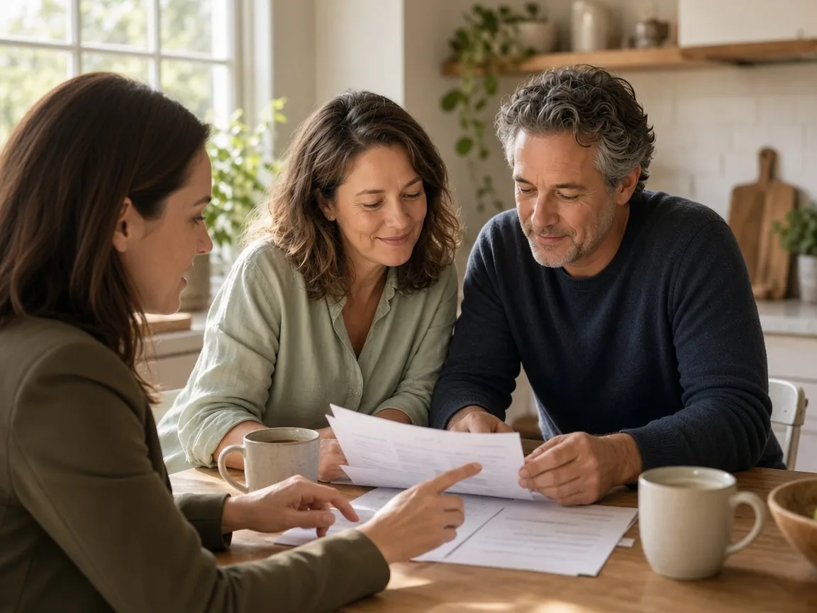 Attorney Irina Sherbak reviewing an estate plan with a couple at their kitchen table